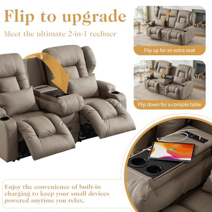 Loveseat Recliner Sofa,RV Wall Hugger Recliners with Flip-up Console,Reclining Loveseat Sofa Recliner with Cup Holders/Lumbar Pillows for Small Spaces,RV Furniture (Khaki,68" 2-Seater) - color: Khaki, size: 68" 2-Seater