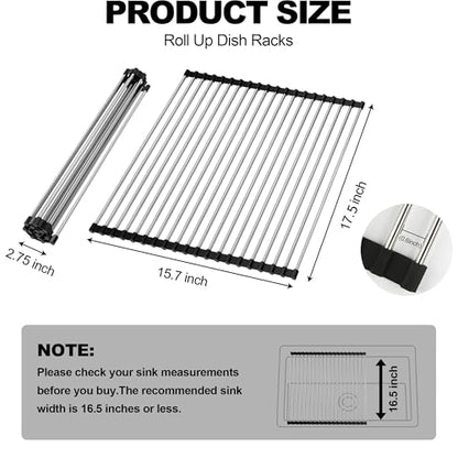 NEZUIBAN Dish Drying Rack with Roll Up and Over Sink for Kitchen,17.5"x15.7",Black - size: 17.5"x15.7"