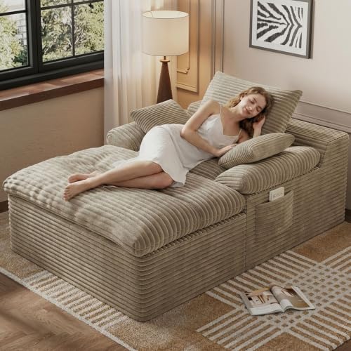 47.24" Oversized Chaise Lounge Chair, Deep Seat Upholstered Cozy Cloud Couch, Modern Corduroy Floor Sleeper Sofa Bed, Reading Chair for Living Room, Bedroom, Apartment, Office, Indoor, Camel - color: Camel, size: 47.24"