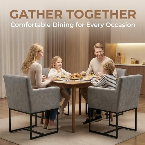 Faux Leather Upholstered Dining Chairs with Arms Set of 2, Mid Century Modern Padded Kitchen Chair with Black Metal Frame for Restaurant, Dining Room, Grey - color: Grey
