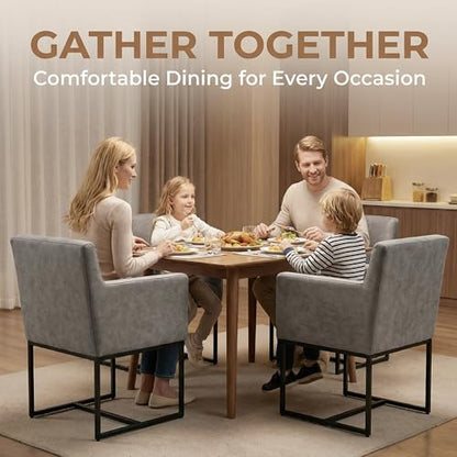 Faux Leather Upholstered Dining Chairs with Arms Set of 2, Mid Century Modern Padded Kitchen Chair with Black Metal Frame for Restaurant, Dining Room, Grey - color: Grey
