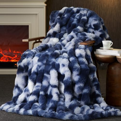 Faux Fur Throw Blanket for Couch, Ultra Soft Fuzzy Plush Bubble Throw for Sofa, Living Room & Home Decor, 50"x60", Tie-dye Blue - color: Tie-dye Blue, size: 50" x 60"