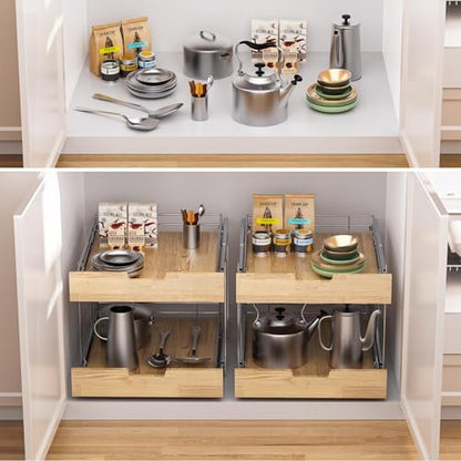 Sikarou Pull Out Cabinet Organizer,Heavy-Duty Slide Out Shelf, Wood and Wire Basket, Pull Out Drawer for for Kitchen Under Sink Space, Pantry, Bathroom, 2 Tie 11 * 21 in - size: 2-TIE 11*21 WM