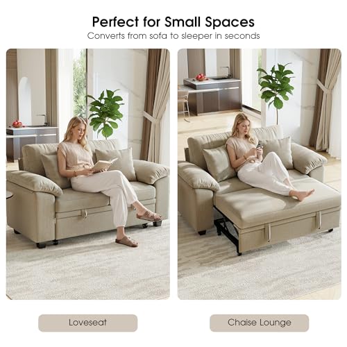 61” Pull Out Couch, 2 in 1 Sleeper Sofa Bed with Throw Pillow, Convertible Small Loveseat Sleeper Couch for Living Room, Bedroom, Apartment (Sand) - color: Sand, size: 2 Seat Sleeper