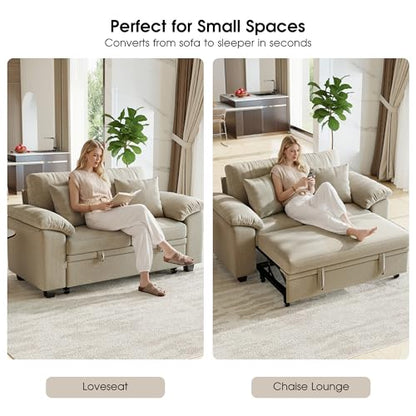 61” Pull Out Couch, 2 in 1 Sleeper Sofa Bed with Throw Pillow, Convertible Small Loveseat Sleeper Couch for Living Room, Bedroom, Apartment (Sand) - color: Sand, size: 2 Seat Sleeper