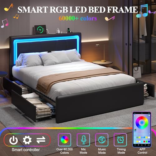 Queen Size Bed Frame with 4 Storage Drawers, Upholstered Headboard, Black | Modern Bed, Charging Station, LED Light, Adjustable Height Headboard, Noise-Free, No Box Spring Needed, Easy Assembly - color: Black, size: Queen