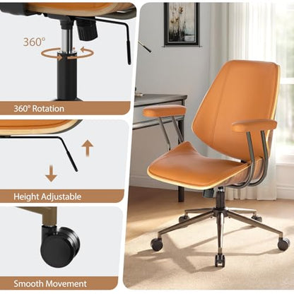 Modern Mid Back Office Chair, Adjustable Swivel Desk Chair with Arms, Brown | Faux leather seat, wood accent detail, mid-back with padded armrests, adjustable swivel, for home office, bedroom & study - color: Brown, size: 1-Piece Back / No Headrest