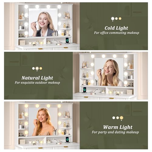 Homkdom Vanity Desk with Mirror and Lights, Makeup Vanity with 2 Large Drawers & Charging Station, Dressing Table Set with Storage Stool, 3 Color Modes Adjustable, Suitable for Small Space, White - style: White