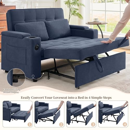 Korser 55.5'' 3-in-1 Convertible Sofa Bed, Pull Out Couch with 5-Position Adjustable Backrest, Loveseat Sleeper Sofa for Small Spaces, Sofa Couch with Cup Holders for Living Room, Office, Chenille - color: Dark Blue