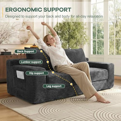 73" Convertible Sofa Bed, Corduroy Boneless Loveseat Sleeper, Gray | Fold Out Floor Couch Bed with 2 Pillows, Memory Foam Cloud Futon Couch for Living Room, Guest Room, Small Space, No Assembly
