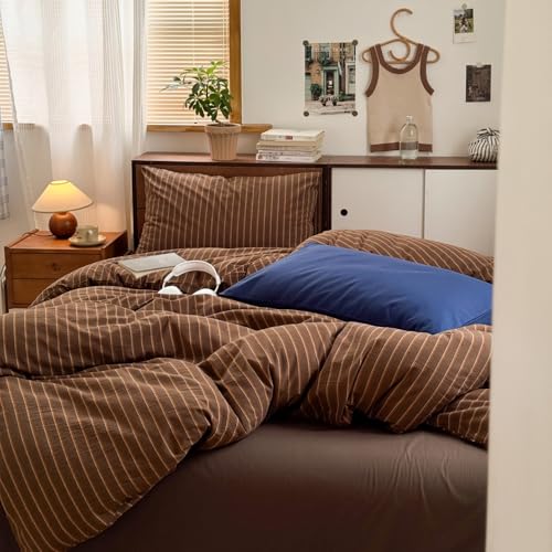Striped Duvet Cover King Size Brown Stripes Bedding Set 3 Pieces Retro Vertical Stripe Soft Lightweight Microfiber Comforter Cover Set with Zipper Closure and 2 Pillowcases - color: Brown, size: King(1 Duvet Cover + 2 Pillowcases)