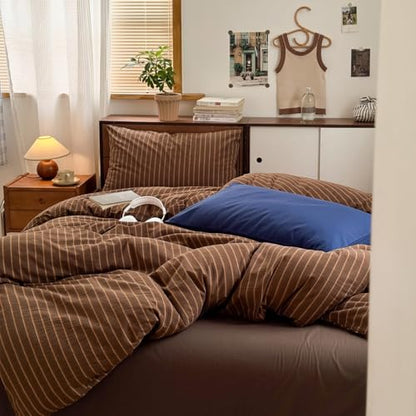 Striped Duvet Cover Full Size Brown Stripes Geometric Bedding Set 3 Pieces Retro Vertical Stripe Soft Lightweight Microfiber Comforter Cover Set with Zipper Closure and 2 Pillowcases - color: Brown, size: Full (1 Duvet Cover + 2 Pillowcases)