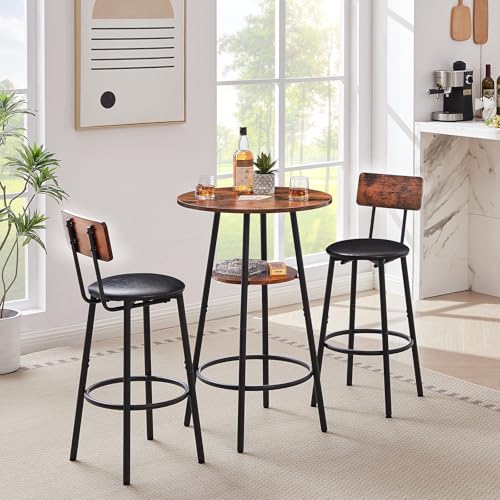 23.62” Diameter Round Bar Table Set for 2 with Storage Shelf, Counter Height Pub Table and Upholstered Bar Stools with Backrest, Small Round Kitchen Table for Small Spaces, Breakfast Nook Dining Table - color: Rustic Brown, style: Round w/ Upholstered Sto