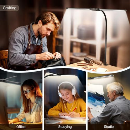 Syrinx LED Desk Lamp for Home Office, 18W 2000LM Dual Head Architect Lamp | Wide-Area Eye-Caring Lighting, Adjustable Gooseneck, Gesture & Wired Control, Memory & Timer, 50 Modes for Study & Crafting - color: Black
