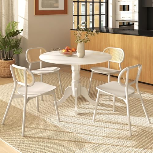COSTWAY Round Dining Table for 4, 39-inch Wooden Kitchen Table with Solid Rubber Wood Frame, Curved Trestle Legs, Adjustable Foot Pads, Mid Century Rustic Dinning Table for Living Room (White) | Curved Trestle Legs, Adjustable Foot Pads, Mid Century Rusti