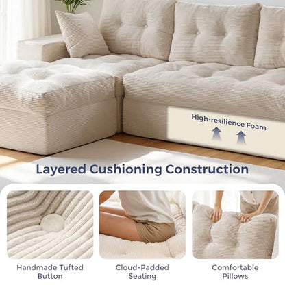 MAXYOYO Boneless Couch, 96-Inch L-Shaped Cloud Couch with Ottoman | Beige Layered Cushioning and Flexible Modules Create an Upholstered Sofa in a Box with No Assembly for Spacious Living Rooms. - color: Beige, size: 96" L Shape