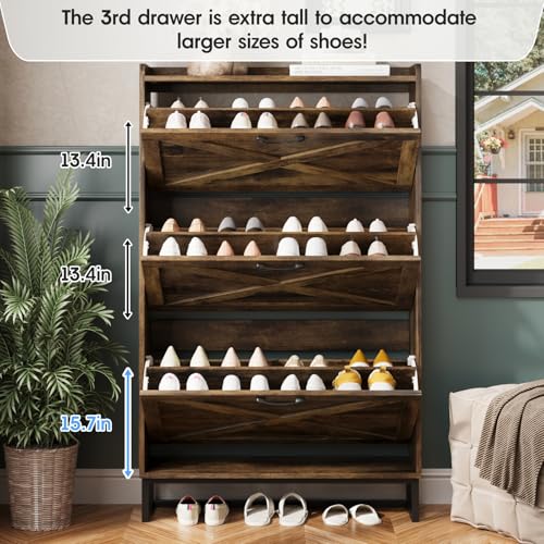 Maupvit Shoe Storage Cabinet with 3 Flip Drawers, Freestanding Organizer with Metal Legs for Entryway, Narrow Shoe Rack Cabinet, Rustic Brown - color: Rustic Brown, style: 3-Drawers