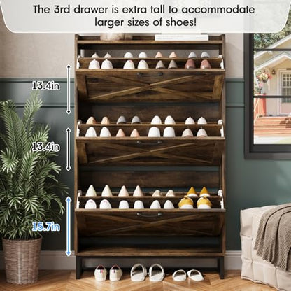 Maupvit Shoe Storage Cabinet with 3 Flip Drawers, Freestanding Organizer with Metal Legs for Entryway, Narrow Shoe Rack Cabinet, Rustic Brown - color: Rustic Brown, style: 3-Drawers
