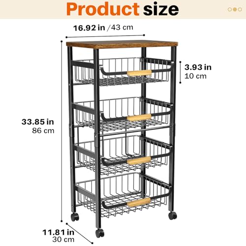 Storico 5-Tier Rolling Utility Cart Kitchen Storage Cart | Large Capacity, Sturdy Wheels, Wooden Tabletop, Perfect for Kitchen, Bathroom, Laundry room