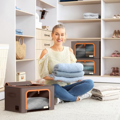 Sorbus Storage Bins with Metal Frame - Stackable & Foldable Clothes Organizer Bags - Oxford Fabric Storage Containers with Large Clear Window & Carry Handles Organization for Bedding Linen & Clothing - color: Brown, size: 6 Pack