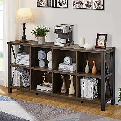 8 Cube Storage Organizer Bookshelf, 62 Inch Rustic Wood Horizontal Bookcase, Industrial Cube Long Book Shelf for Living Room, Home Office (Walnut Brown) - color: Walnut Brown