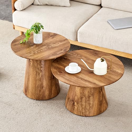 Wood Coffee Table Set of 2, Farmhouse Nesting Tables with Natural Wood Grain Round Tabletop & Wooden Cone Base, Round Layered Low Profile Accent Tables Ideal for Living Room, APT, Small Space - color: Wood Nesting Coffee Table