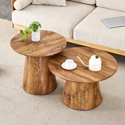 Wood Coffee Table Set of 2, Farmhouse Nesting Tables with Natural Wood Grain Round Tabletop & Wooden Cone Base, Round Layered Low Profile Accent Tables Ideal for Living Room, APT, Small Space - color: Wood Nesting Coffee Table