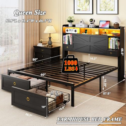 Queen Bed Frame with Storage Headboard, Farmhouse Platform Bed Frame with Bookshelf, Drawers, LED Lights and Charging Station, Metal Slats Support, Noise Free, No Box Spring Needed, Black - size: Queen