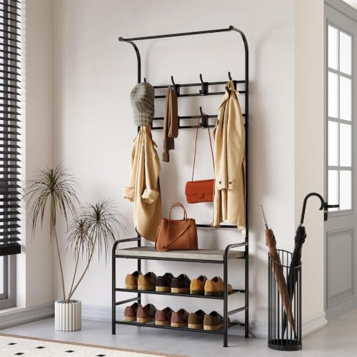 4-in-1 Hall Tree with Shoe Storage Bench, Entryway Coat Rack with 8 Hooks, Hanging Bar & Storage Shelves, Narrow Mudroom Organizer Bench for Entryway, Hallway, Living Room, Coat Rack Bench, Gray