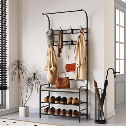 4-in-1 Hall Tree with Shoe Storage Bench, Entryway Coat Rack with 8 Hooks, Hanging Bar & Storage Shelves, Narrow Mudroom Organizer Bench for Entryway, Hallway, Living Room, Coat Rack Bench, Gray