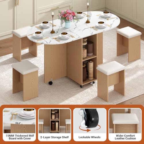 5 PCS Farmhouse Dining Table Set for 4,60" Large Round Folding Dining Table Set w/ 4 Leather Chairs, Drop Leaf Oval Modern Kitchen Table for Small Spaces,6 Wheels,2-Layer Storage Shelf,White Marble - color: White Marble