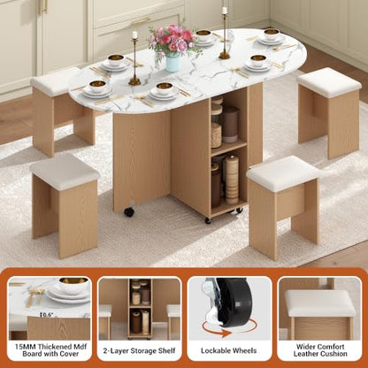 5 PCS Farmhouse Dining Table Set for 4,60" Large Round Folding Dining Table Set w/ 4 Leather Chairs, Drop Leaf Oval Modern Kitchen Table for Small Spaces,6 Wheels,2-Layer Storage Shelf,White Marble - color: White Marble
