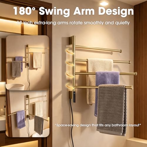 TRUSTMI 4-Swing Electric Towel Warmer with Timer, Brushed Gold | Rust-proof 304 SS warmer with carbon fiber heat, LED touch 24H timer, and 4 swing arms. Keeps bathroom towels dry - color: Brushed Gold