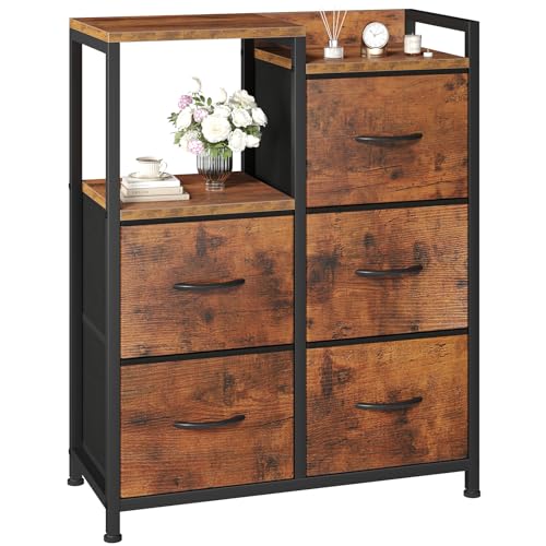 OLIXIS Fabric Dresser, 5 Drawer Storage Tower with Open Shelf, Rustic Brown | Fabric Storage Dresser Features 5 Drawers, Open Shelf and Side Cabinet, Organizer for Bedroom, Closet, Hallway & Entryway - color: Rustic Brown