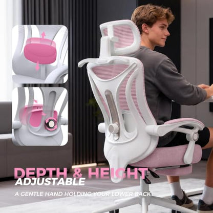 CYKOV Ergonomic Office Chair, Reclining, Footrest, Adjustable Lumbar, 350LB | 4-Way Headrest (4.72" + 60°), 2-Way Lumbar (2" + 1.18"), 90-135° Recline, Breathable Mesh, Gaming & Office, 5-Year Warranty - color: W-pink