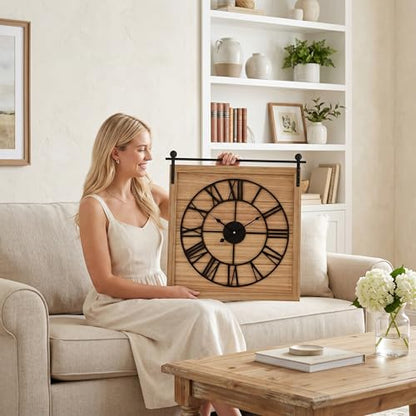 EMAX HOME 24 Inch Large Farmhouse Wall Clock, Unique Square Rustic Solid Wood Frame with Black Metal Hanging Rod, Silent Non-Ticking Quartz Movement, for Living Room, Bedroom, Kitchen - color: Brown 2