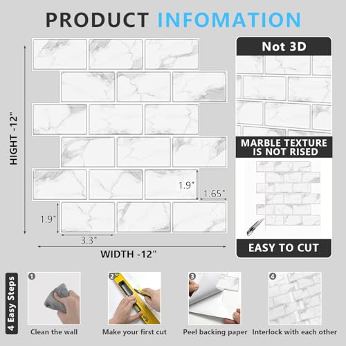 URCOLOR 10-Sheet Backsplash Tile for Kitchen Peel and Stick,12"x12" Self Adhesive Wall Tiles on Back Splashes for Bathroom White Marble Look - color: White