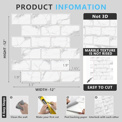 URCOLOR 10-Sheet Backsplash Tile for Kitchen Peel and Stick,12"x12" Self Adhesive Wall Tiles on Back Splashes for Bathroom White Marble Look - color: White