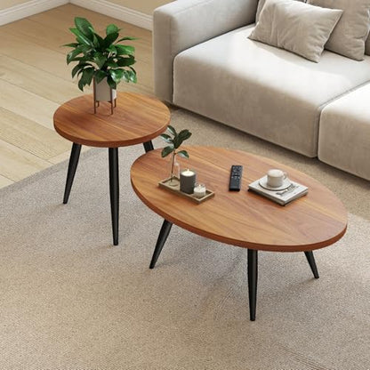 2-Piece Oval & Round Nesting Coffee Table Set | Separable to Serve as Individual Side Tables, Equipped with 7 Glossy Smooth Painted Metal Legs