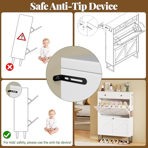 Shoe Cabinet with 2 Flip Drawers Freestanding Shoe Organizer with 2 Fabric Drawers Farmhouse Flip Shoe Storage Cabinet Narrow Shoe Rack Cabinet for Entryway, Hallway, Living Room, White