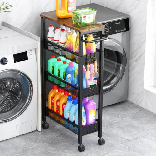Vivihomety 4-Tier Slim Utility Rolling Laundry Cart with Wheels, Metal | Narrow 7.1" wide, Lockable wheels, wood top panel, metal frame, with handle, for laundry, bathroom, kitchen, black - color: Black, size: 7.1 inch wide