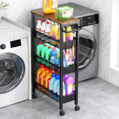 Vivihomety 4-Tier Slim Utility Rolling Laundry Cart with Wheels, Metal | Narrow 7.1" wide, Lockable wheels, wood top panel, metal frame, with handle, for laundry, bathroom, kitchen, black - color: Black, size: 7.1 inch wide
