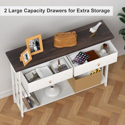 42" Solid Wood Console Table with 2 Fabric Drawers, Entryway Table with Storage Shelves, Sofa Table for Entryway, Hallway, Living Room, Kitchen or Behind Couch in Foyer, White - color: White