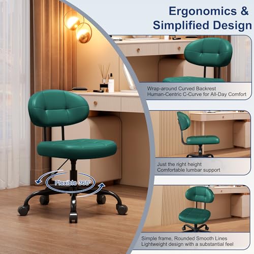 Misolant Vanity Chair with back, Small Armless Cute office Chair with wheels and Lumbar support, Comfy PU Leather Desk Computer Chairs with Adjustable Height, 360°Swivel for Home Bedroom Office, Green - color: Green