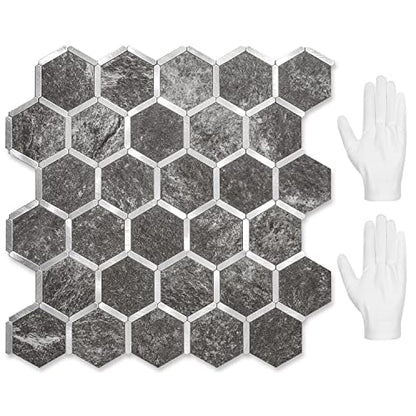 STICKGOO Hexagon Peel and Stick Backsplash Tile, Stick on Backsplash for Kitchen and Bathroom, Black Slate Look PVC Mixed Metal Silver Self Adhesive Wall Tiles(10 Sheets, Seamless) - color: Black Slate with Metal Silver