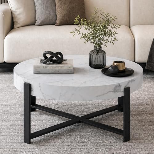 Round Coffee Table, Modern Faux Marble Coffee Table with Metal Frame, Small Wood Circle Table, Round Accent Center Tables for Living Room Apartment Small Space(31.5''D-White Marble) - color: X-white Marble