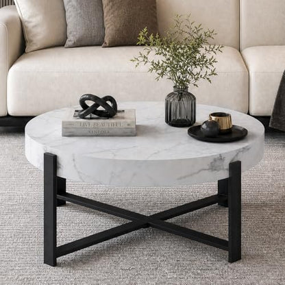 Round Coffee Table, Modern Faux Marble Coffee Table with Metal Frame, Small Wood Circle Table, Round Accent Center Tables for Living Room Apartment Small Space(31.5''D-White Marble) - color: X-white Marble