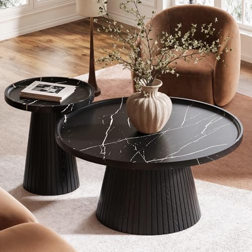 win2win Nesting Coffee Table Set of 2 with Marble Veneer, Black | Modern Round Tea Table and End Table Set, Minimalist Wood Center Tables for Living Room, Office, Fluted Design