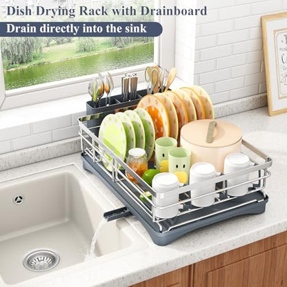 SAYZH Dish Drying Rack for Kitchen Counter with Utensil Holder, Silver | Stainless Steel, Large Capacity, Angled Drainboard, Rotating Spout, Removable to Clean - color: Silver