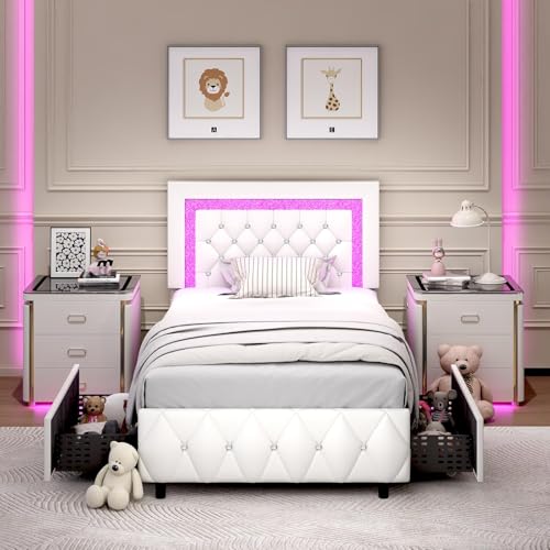 BarnFurin Twin Bed Frames with Storage Drawers and LED Lights,White | Upholstered Bed with Crystal Tufted Headboard, Princess Platform Bed with Wooden Slats Support, No Box Spring Needed - color: White, size: Twin